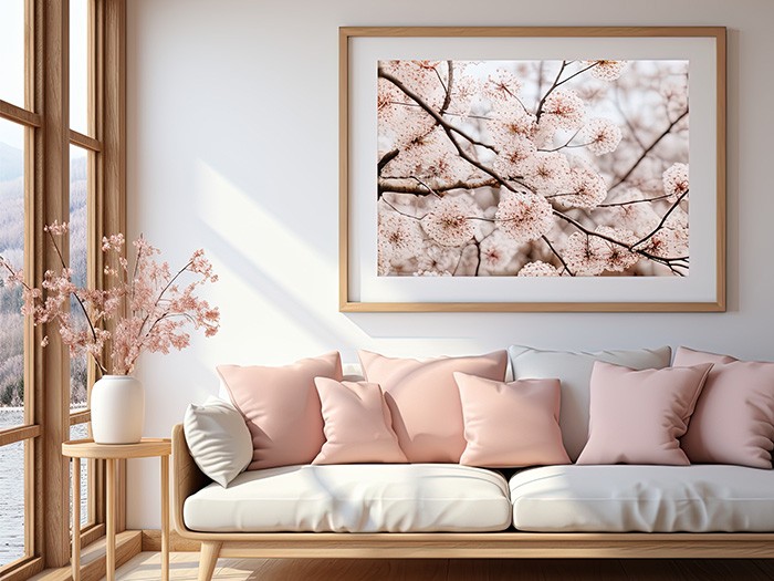 Salon avec art mural floral rose.